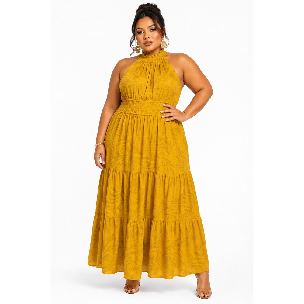 Daniel Rainn Yellow Halter Neck Eyelet Maxi Dress Tropical Palm Smocked 2X NEW‎